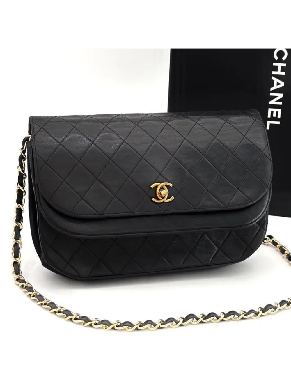 Chanel Quilted Chain Shoulder Bag Black Lambskin